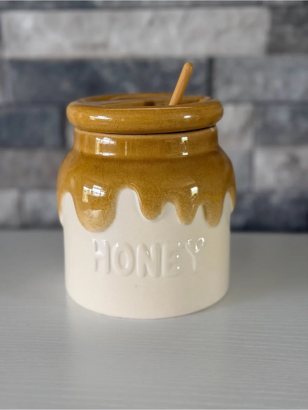 Vtg 1982 Teleflora Ceramic Honey Pot Jar With Lid & Dipper Handmade in Portugal
